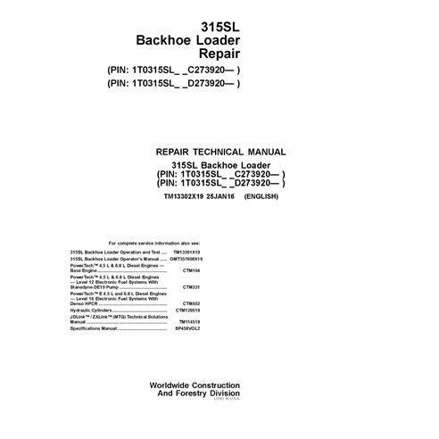 TM13302X19 Retroexcavadora John Deere 315SL, PIN: 1T0315SL_ _C-D273920- manual técnico de reparación en PDF (TM13302X19)