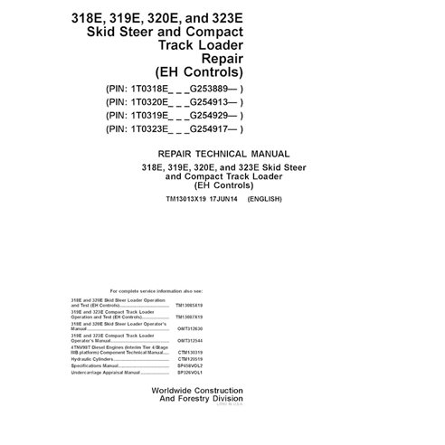 TM13013X19 Manuel technique de réparation PDF pour chargeuse compacte John Deere 318E, 319E, 320E et 323E (Commandes EH) PIN ...
