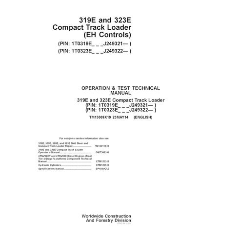 TM13009X19 John Deere 319E and 323E (EH Controls) PIN J249321- compact track loader pdf operation and test technical manual (...