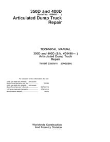 TM1317 John Deere 350D and 400D SN 608490- articulated truck pdf repair technical manual (TM1317)