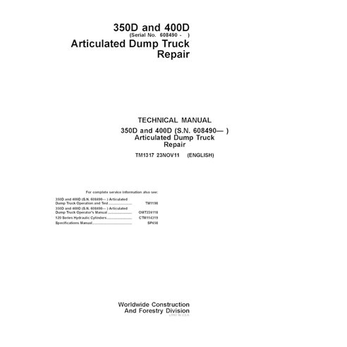 TM1317 John Deere 350D and 400D SN 608490- articulated truck pdf repair technical manual (TM1317)