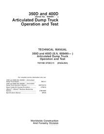 TM1198 Manual técnico de operação e teste em PDF para caminhões articulados John Deere 350D e 400D, número de série 608490 (T...
