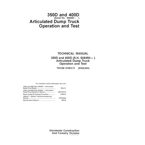 TM1198 Manual técnico de operación y prueba de camiones articulados John Deere 350D y 400D SN 608490 (PDF) (TM1198)