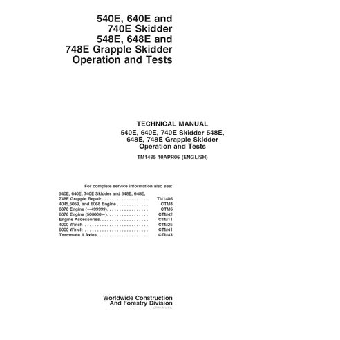TM1485 Manual técnico de funcionamiento y pruebas del skidder John Deere 540E, 640E, 740E, 548E, 648E y 748E (TM1485)