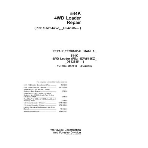 TM12100 Manual técnico de reparo em PDF da pá carregadeira John Deere 544K PIN D642685 (TM12100)