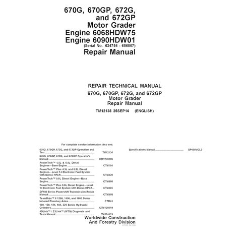 TM12138 Manual técnico de reparación de motoniveladoras John Deere 670G, 670GP, 672G y 672GP SN 634754-656507 (PDF) (TM12138)