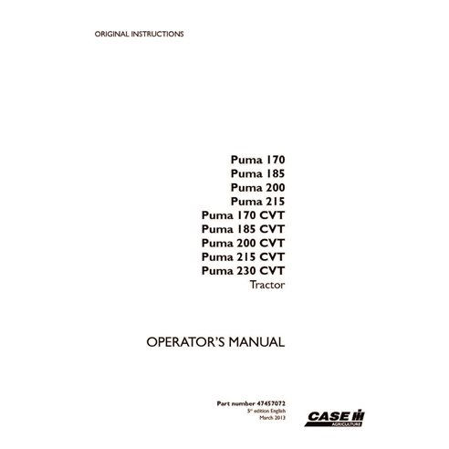 CASE-47457072-OM-EN Manual do operador do trator Case Puma 170, 185, 200, 215, 170 CVT, 185 CVT, 200 CVT, 215 CVT, 230 CVT em...