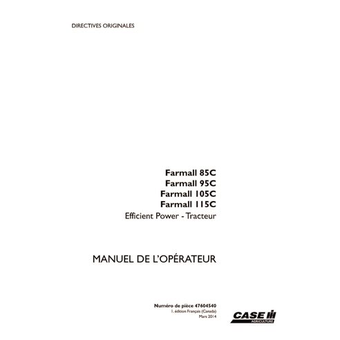 CASE-47604540-OM-FR Manual do operador do trator Case Farmall 85C, 95C, 105C, 115C em PDF FR (47604539)