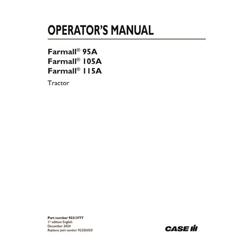 CASE-92313777-OM-EN Manual do operador do trator Case FARMALL 95A, 105A, 115A em PDF (92313777)