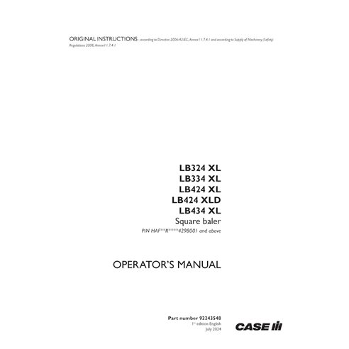 CASE-92243548-OM-EN Manual del operador en PDF de las empacadoras Case LB324XL, LB334XL, LB424XL, LB424XLD y LB434XL (92243548)