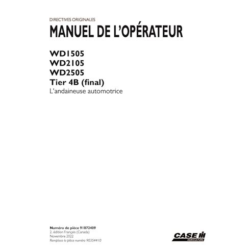 CASE-91872409-OM-FR Manuel d'utilisation PDF de l'andaineur Case WD1505, WD2105, WD2505 FR (91872409)