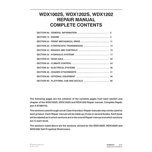 CASE-87580753-SM-EN Manual de servicio en PDF de las segadoras hileradoras Case WDX1002S, WDX1202S y WDX1202 (87580753)