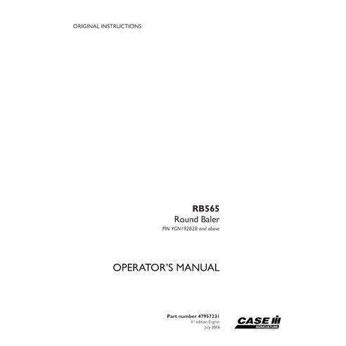 CASE-47957231-OM-EN Manual do operador da enfardadeira Case RB565 PIN YGN192828 em PDF (47957231)
