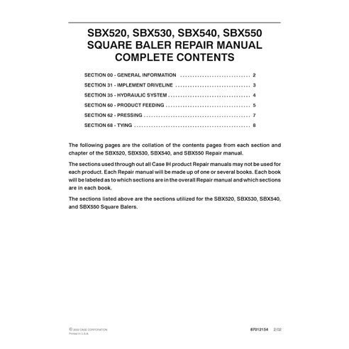 CASE-86627615-SM-EN Manual de servicio en formato PDF de las empacadoras Case SBX520, SBX530, SBX540 y SBX550 (86627615)