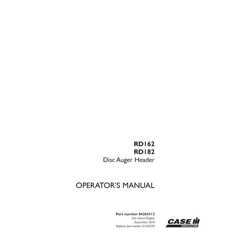 CASE-84264312-OM-EN Manual do operador do cabeçalho do disco Case RD162, RD182 em PDF (84264312)