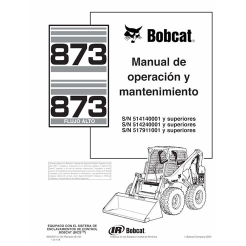 BOBCAT-873-6900927-ES-OM Manuel d'utilisation et d'entretien pdf de la chargeuse compacte Bobcat 873 ES