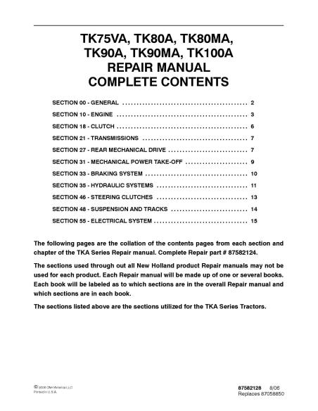 New Holland TK75VA / TK80A / TK80MA / TK90A / TK90MA / TK100A tractor repair manual - New Holland Agriculture manuals - NH-87...
