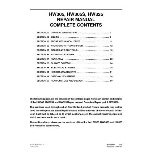 Manuel de réparation de l'andaineuse automotrice New Holland HW305 / HW305s / HW325 - Nouvelle-Hollande Agriculture manuels -...