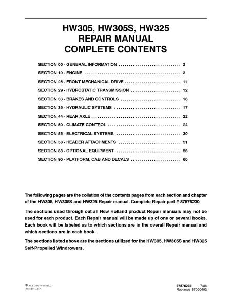 Manual de reparación de segadoras hileradoras autopropulsadas New Holland HW305 / HW305s / HW325 - Agricultura de Nueva Holan...