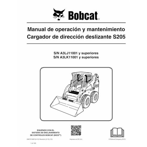 BOBCAT-S205-6987013-ES-OM Manuel d'utilisation et d'entretien pdf de la chargeuse compacte Bobcat S205 ES