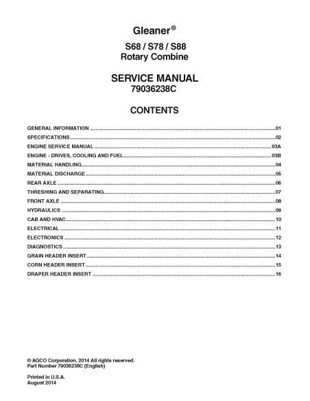 Gleaner S68 / S78 / S88 combine service manual - Gleaner manuals - GLN-79036238C