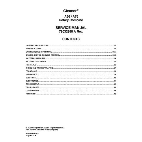 Manual de serviço da colheitadeira Gleaner A66 / A76 - Gleaner manuais - GLN-79032998A