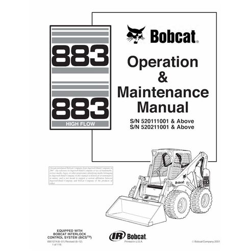BOBCAT-883-6901274 Bobcat 883, 883H skid loader pdf manuel d'utilisation et d'entretien