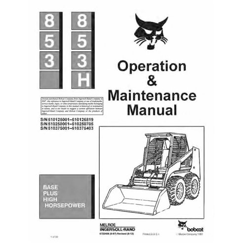 BOBCAT-853-6722406 Bobcat 853, 853H skid loader pdf manuel d'utilisation et d'entretien