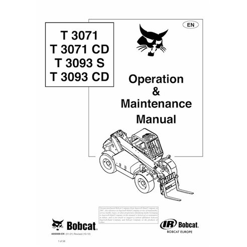 BOBCAT-T3071_T3093-4850900 Bobcat T3071, T3071CD, T3093 S, T3093CD chariot télescopique pdf manuel d'utilisation et d'entretien
