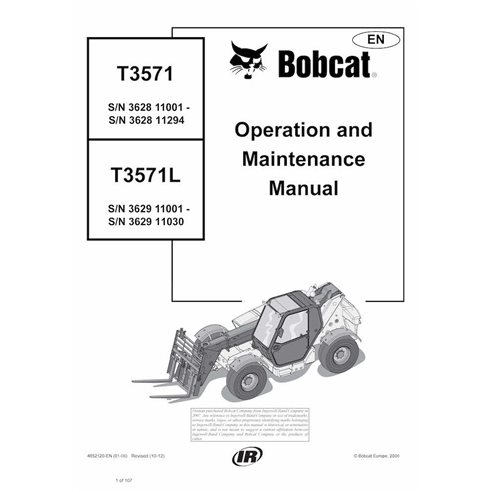 BOBCAT-T3571-4852120 Bobcat T3571, T3571L manipulador telescópico pdf manual de operación y mantenimiento