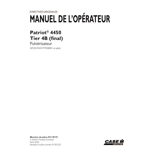 CASE-92118172-OM-FR Manual do operador do pulverizador Case Patriot 4450 PIN xPT058001 em PDF FR (92118172)