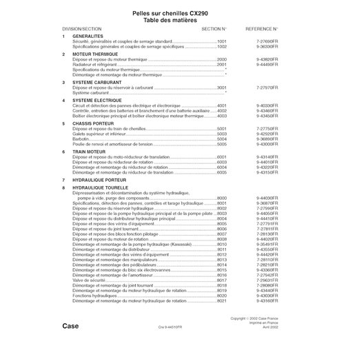CASE-9-42850-SM-FR Manual de serviço em PDF da escavadeira Case CX290 FR (9-42850)