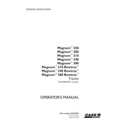 CASE-48158467-OM-EN Manual do operador do trator Case Magnum 250, 280, 310, 340, 380 PIN ZHRF04001 em PDF (48158467)