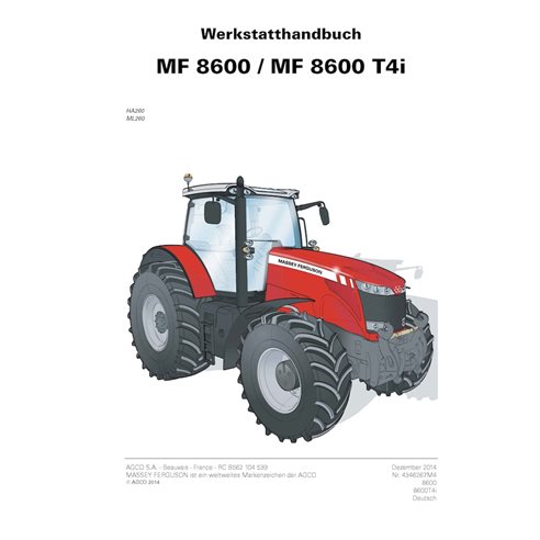 MF-4346267M4-WSM-DE Manuel d'atelier PDF pour tracteurs Massey Ferguson 8650, 8660, 8670, 8680, 8690 TIER 4i (DE) (4346267M4)