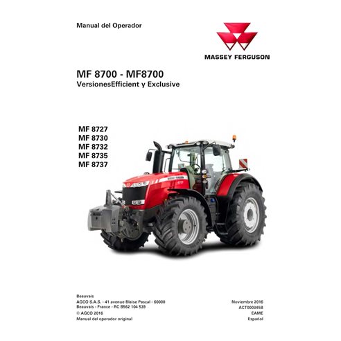 MF-ACT000345B-OM-ES Manuel d'utilisation PDF du tracteur Massey Ferguson 8727, 8730, 8732, 8735, 8737 ES (ACT000345B)