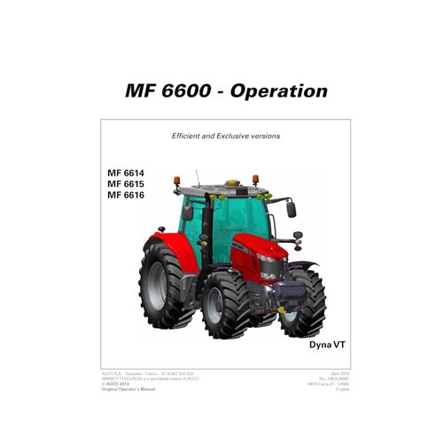 MF-7060526M1-OM-EN Manual do operador do trator Massey Ferguson 6614, 6615, 6616 DYNA-VT versões Efficient e Exclusive em PDF...