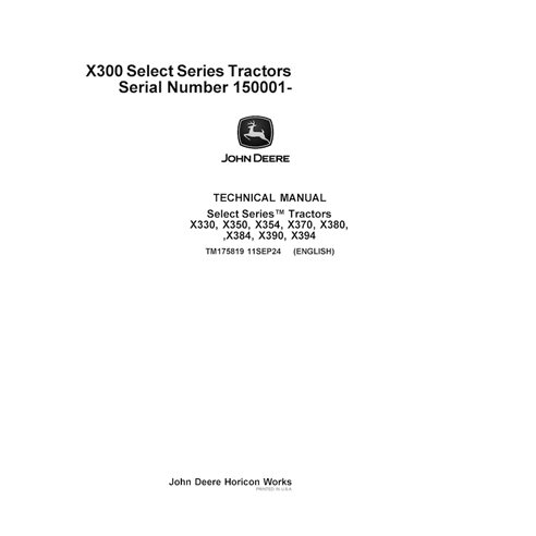 Manual técnico de reparo em PDF para trator John Deere X330 - X394 SN 150000 (TM175819)