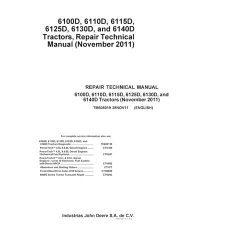 TM605019 Manual técnico de reparación en formato PDF para los tractores utilitarios compactos John Deere 6100D, 6110D, 6115D,...