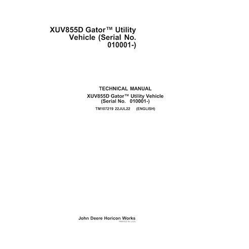 TM107219 Manual técnico em PDF do veículo utilitário John Deere XUV 855D Gator (TM107219)