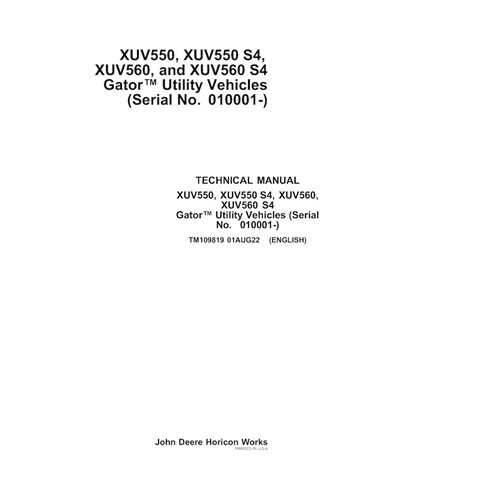 TM109819 Manual técnico en PDF del vehículo utilitario John Deere XUV 550, XUV 550 S4, XUV 560 y XUV 560 S4 Gator (TM109819)