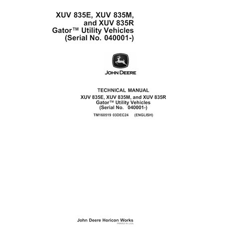 TM160519 Manual técnico en PDF de los vehículos utilitarios John Deere XUV 835E, XUV 835M y XUV 835R Gator (TM160519)