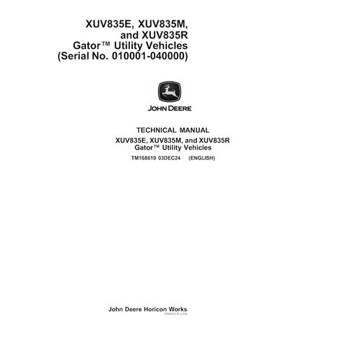 TM168619 Manual técnico em PDF dos veículos utilitários John Deere XUV 835E, XUV 835M e XUV 835R Gator (TM168619)