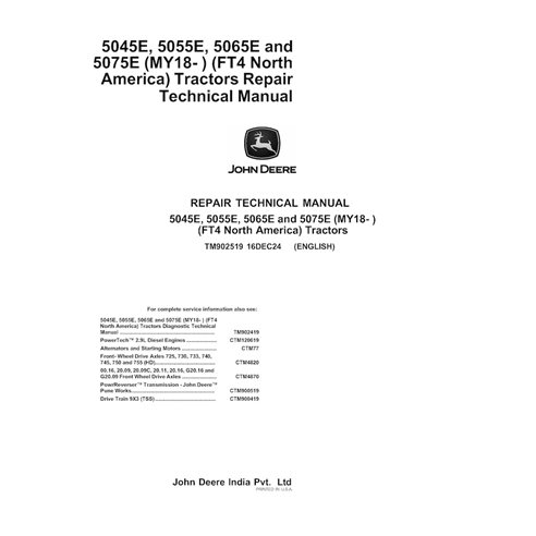 TM902519 Manual técnico de reparación en formato PDF para tractores John Deere 5045E, 5065E, 5055E, 5075E (MY18-MY22) (TM902519)