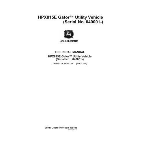 TM160119 Manual técnico em PDF do veículo utilitário John Deere HPX 815E Gator (TM160119)