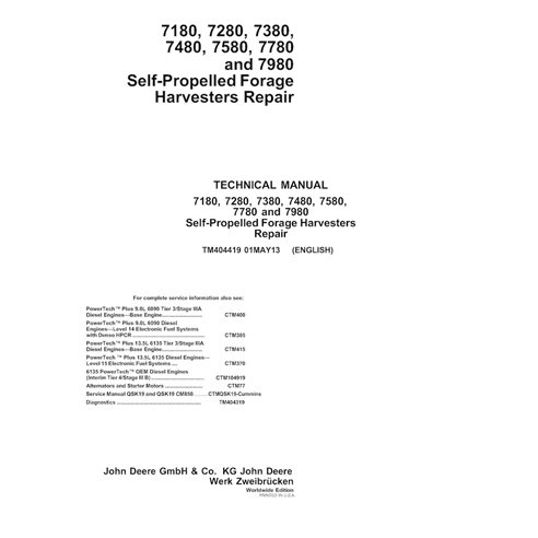 TM404419 Manual técnico de reparo em PDF para colheitadeiras John Deere 7180, 7280, 7380, 7480, 7580, 7780 e 7980 (TM404419)