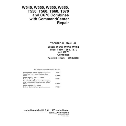 TM402619 Manual técnico de reparación en formato PDF para cosechadoras John Deere W540, W550, W650, W660, T550, T560, T660, T...