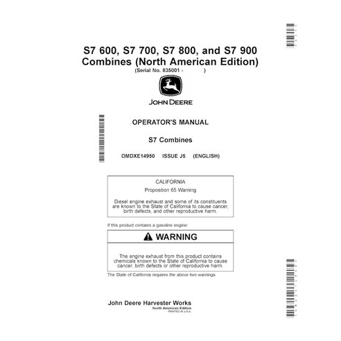JD-OMDXE14950 John Deere S7 600, S7 700, S7 800, S7 850, S7 900 combine operator's manual (OMDXE14950) (OMDXE14950)