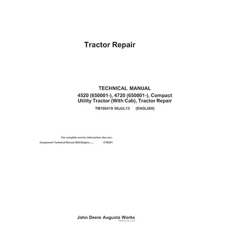 TM105419 Manual técnico de reparación en PDF para tractores utilitarios compactos John Deere 4520 y 4720 (TM105419)