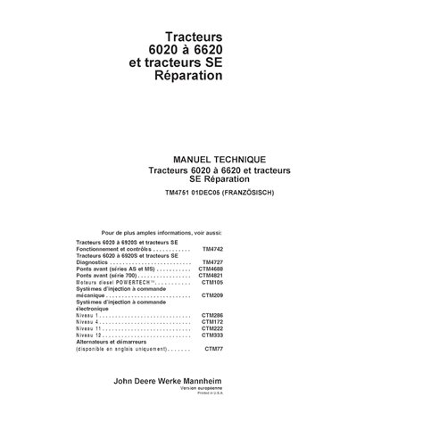 TM4751 Manual técnico de reparación en PDF para tractores John Deere 6020, 6120, 6220, 6320, 6420, 6420S, 6520 y 6620 (TM4751).