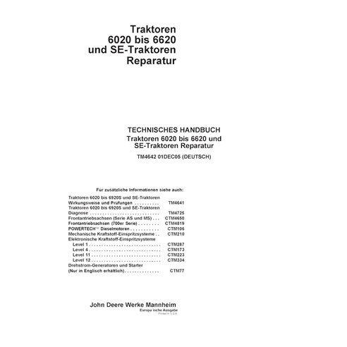 TM4642-DE John Deere 6020, 6120, 6220, 6320, 6420, 6420S, 6520, 6620 tractor pdf repair technical manual DE (TM4642)